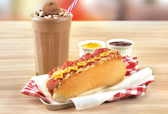 Wendy's choc thickshake served with a loaded hot dog combo