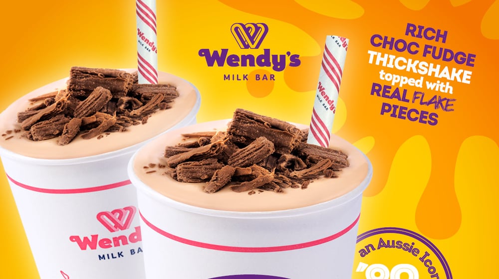 Wendy's Famous Flake Shake — choc-fudge thickshake topped with real Flake pieces